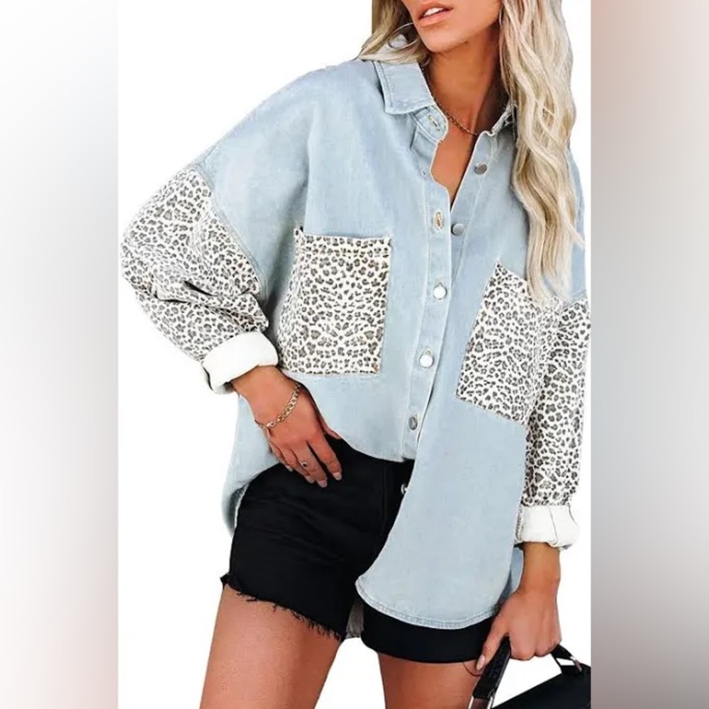 POL Denim Shacket with leopard print details